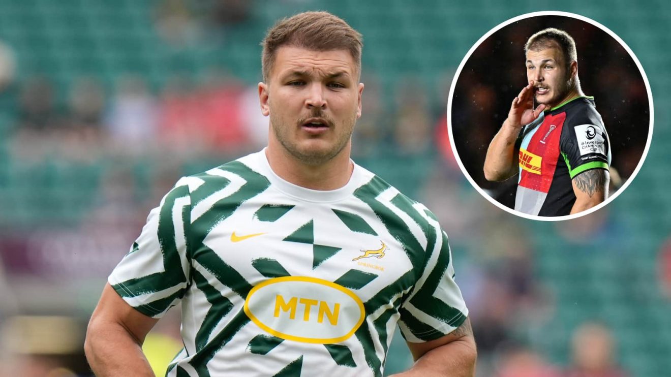Springboks centre Andre Esterhuizen and an insert of him playing for Harlequins.