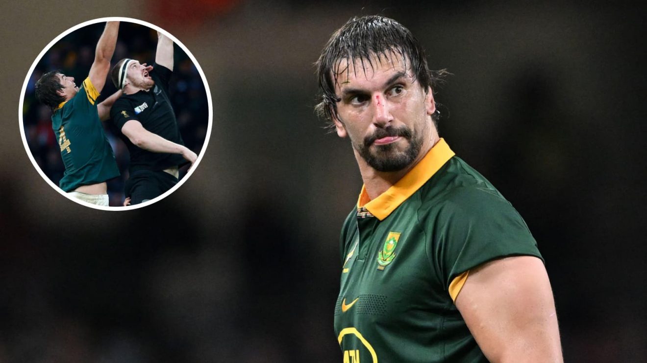 Springboks lock Eben Etzebeth and an insert of him and All Blacks lock Brodie Retallick from 2015.