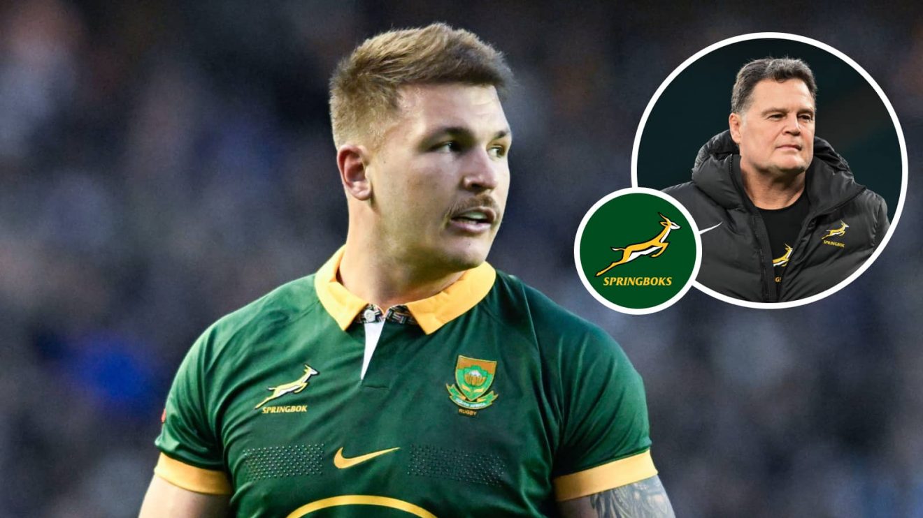 Andre Esterhuizen and an insert of Springboks head coach Rassie Erasmus.