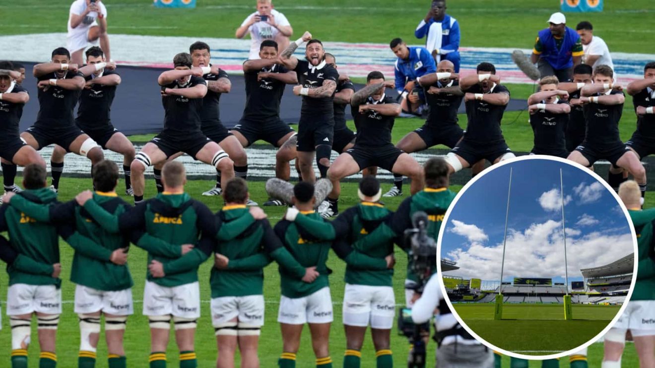 All Blacks haka v Springboks in 2024 Rugby Championship and a general view of Eden Park (inset).