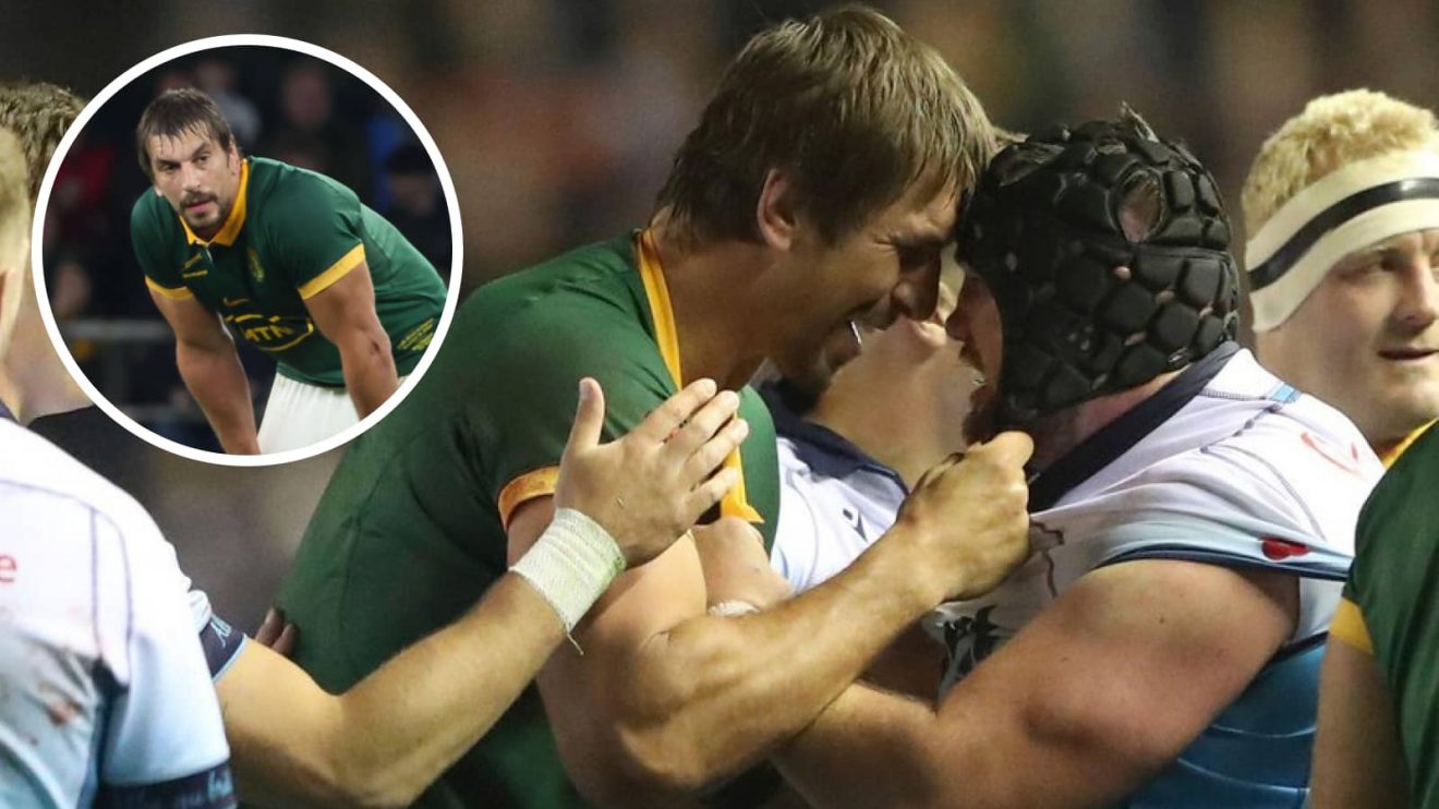 Springboks lock Eben Etzebeth in action against Scotland and an insert of him during South Africa v England.
