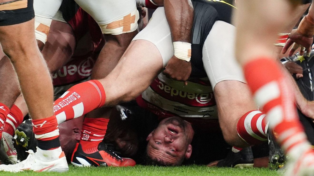 Kirill Gotovtsev at the base of a collapsed scrum during a Gloucester game.