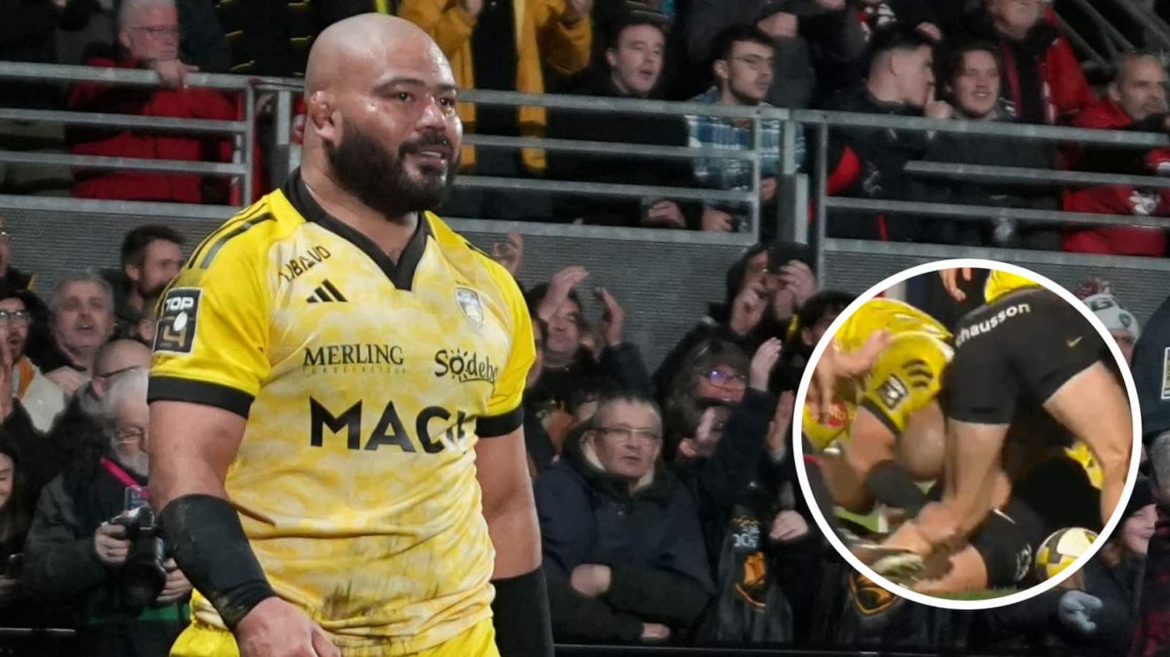 Tolu Latu during La Rochelle's clash with Toulouse and the hooker's clearout (inset) which led to a yellow card.
