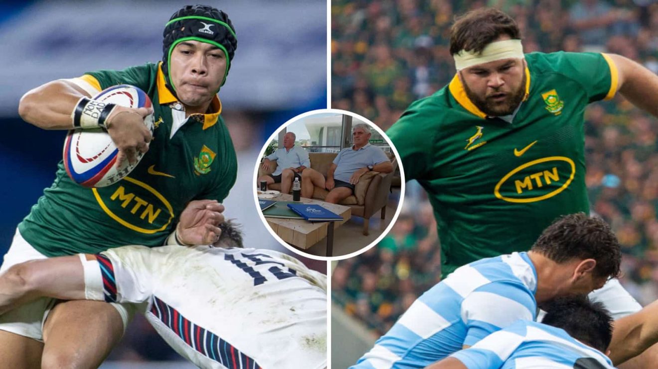 Cheslin Kolbe (left) and Frans Malherbe (right) in action for the Springboks, and former coaches Gary Gold and Nick Mallett (inset, middle).