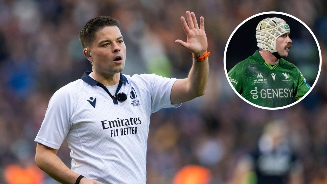 Referee Chris Busby and an insert of Connacht and Ireland winger Mack Hansen.