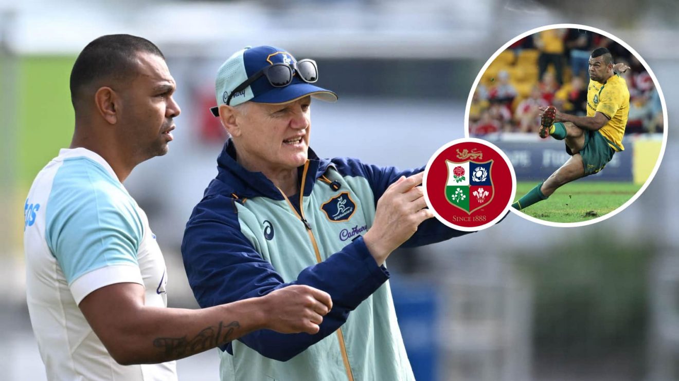 Kurtley Beale (left) and Wallabies coach Joe Schmidt (right) and an insert of Beale's missed kick in 2013.