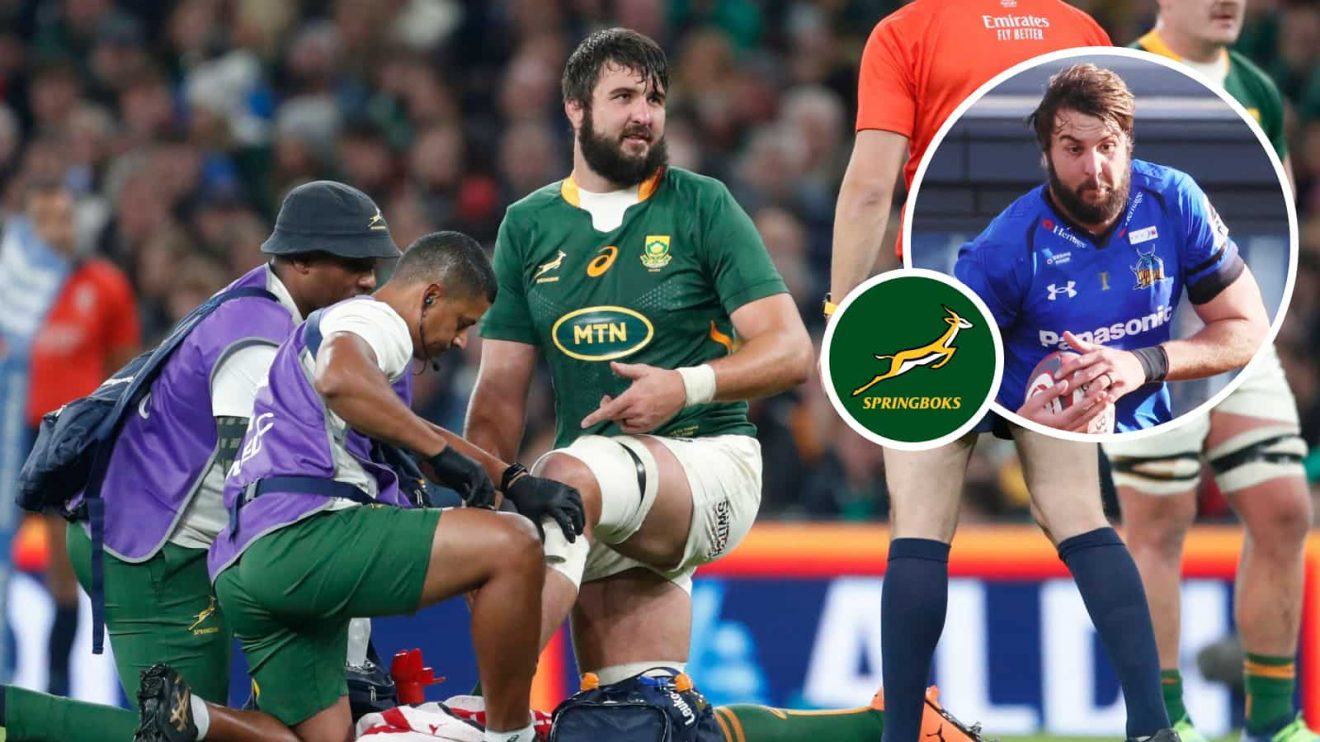 Springboks lock Lood de Jager and an insert of him playing for the Wild Knights.