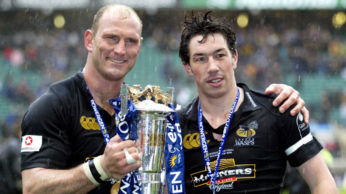 Lawrence Dallaglio and Tom Voyce celebrate one of many trophy wins for Wasps.
