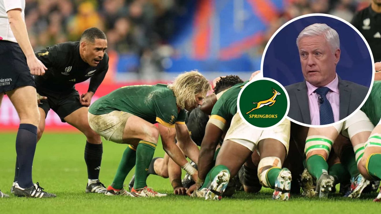 A scrum between the Springboks and All Blacks during the Rugby World Cup final and an insert of Matt Williams.
