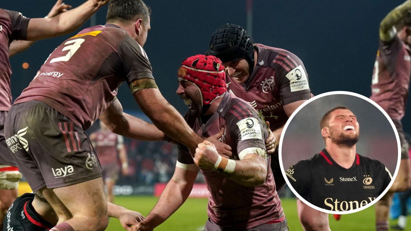 Munster players celebrating with an indent of Tom Willis