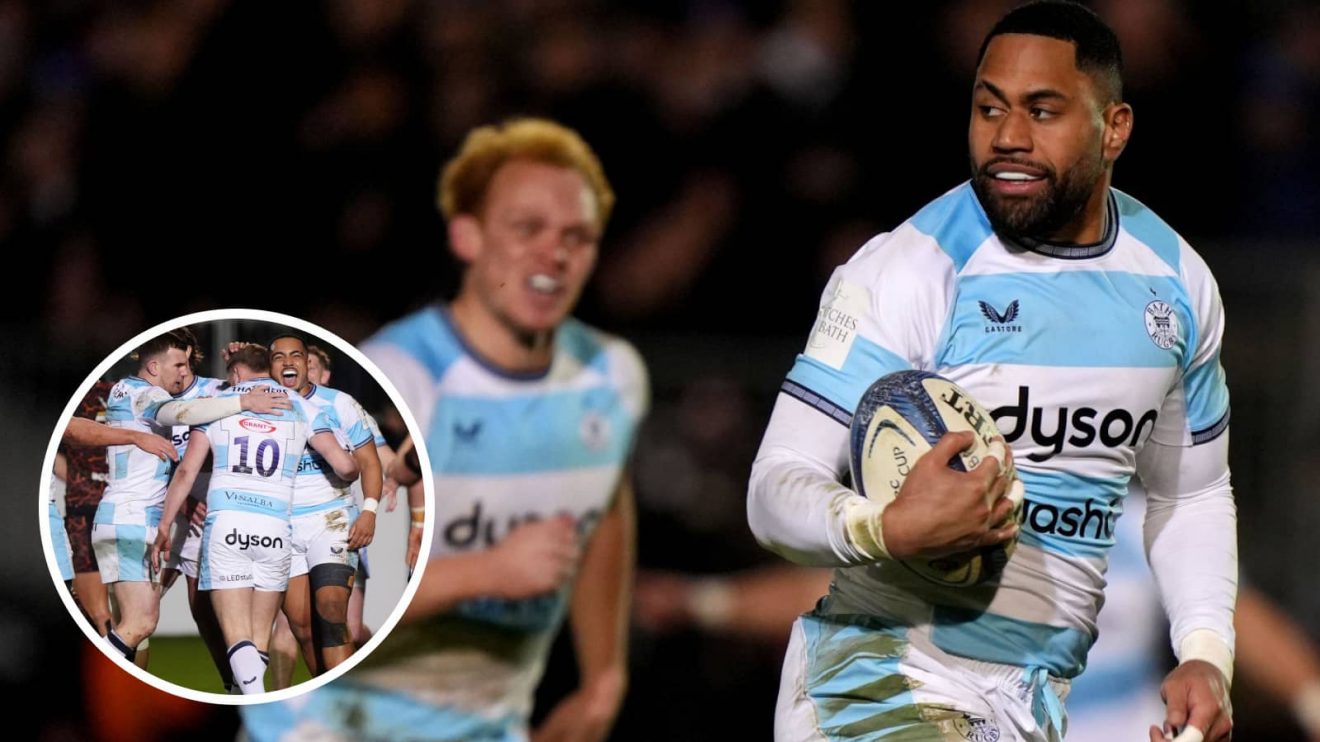 Joe Cokanasiga in action against Clermont Auvergne and Bath celebrate try in Champions Cup.