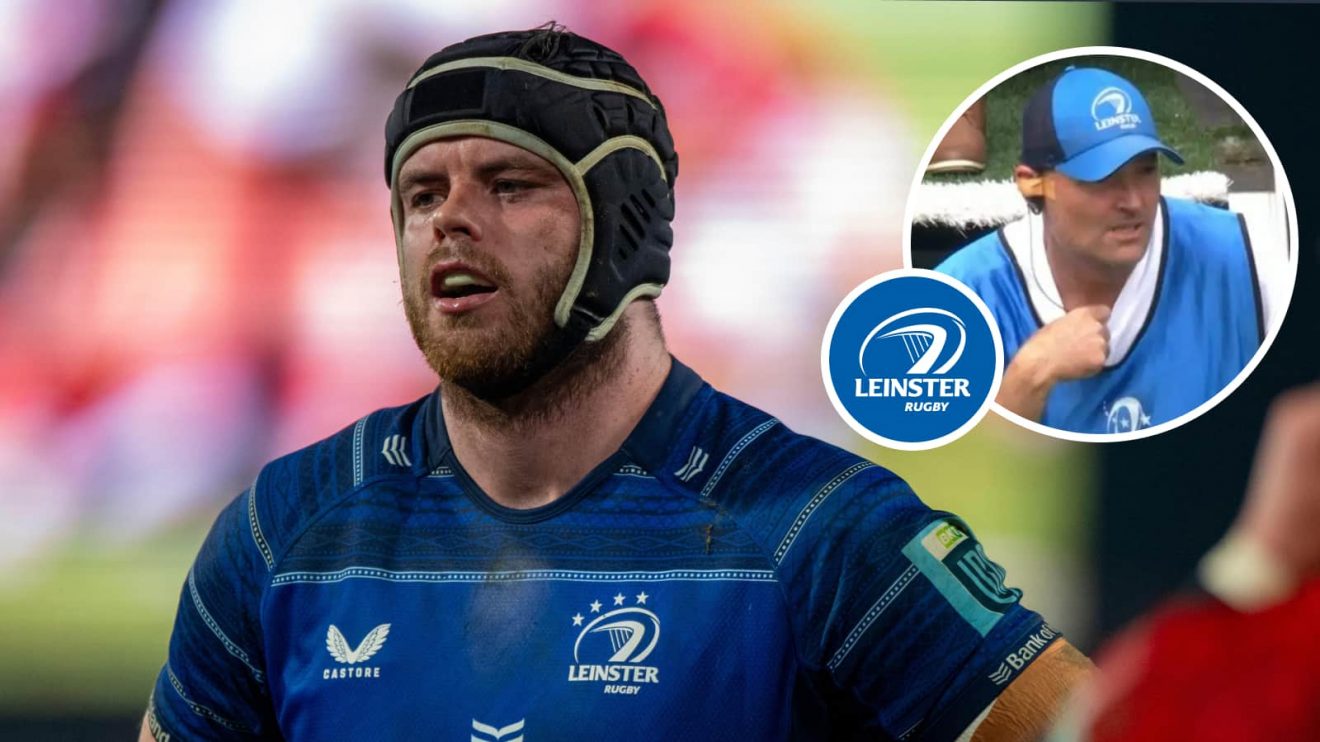 Leinster lock James Ryan and an insert of coach Jacques Nienaber.