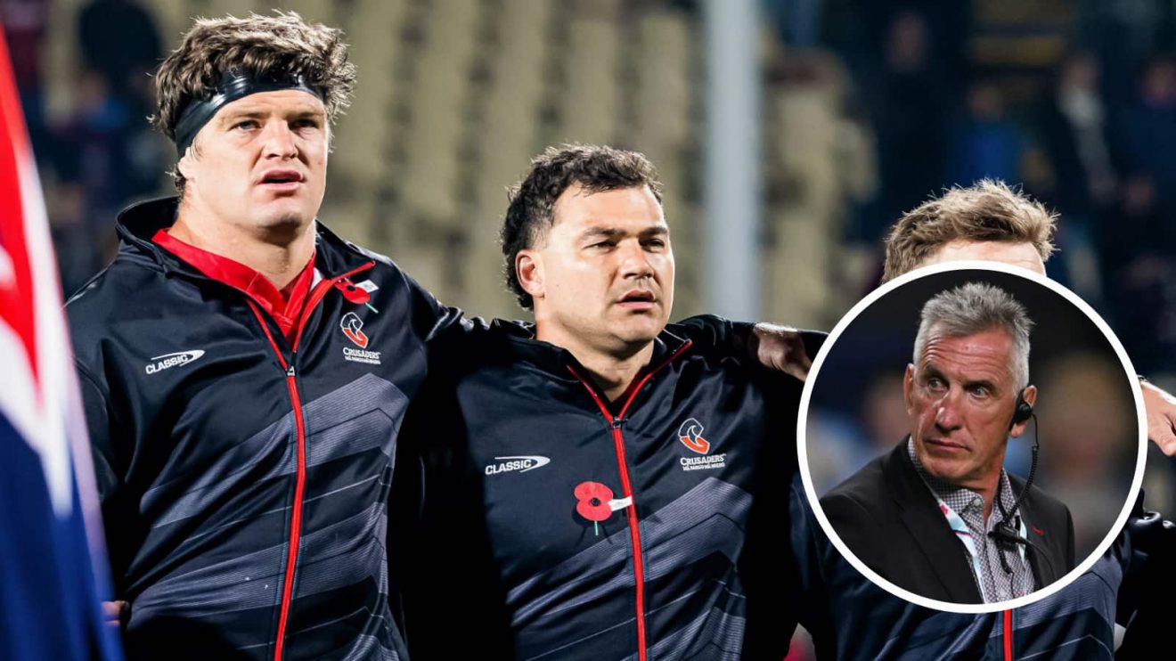 Former Crusaders captain Scott Barrett and his successor David Havili, and head coach Rob Penney (inset).