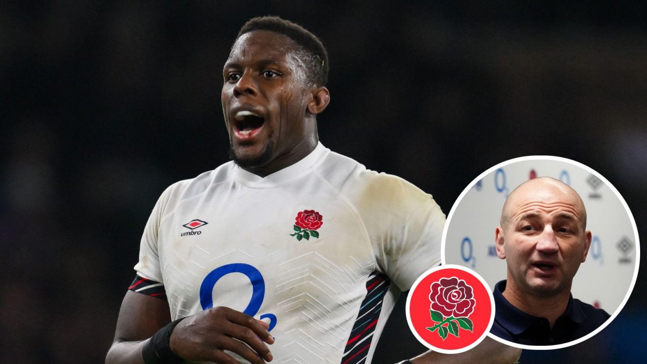 A two layerd image of Maro Itoje with an insert of Steve Borthwick