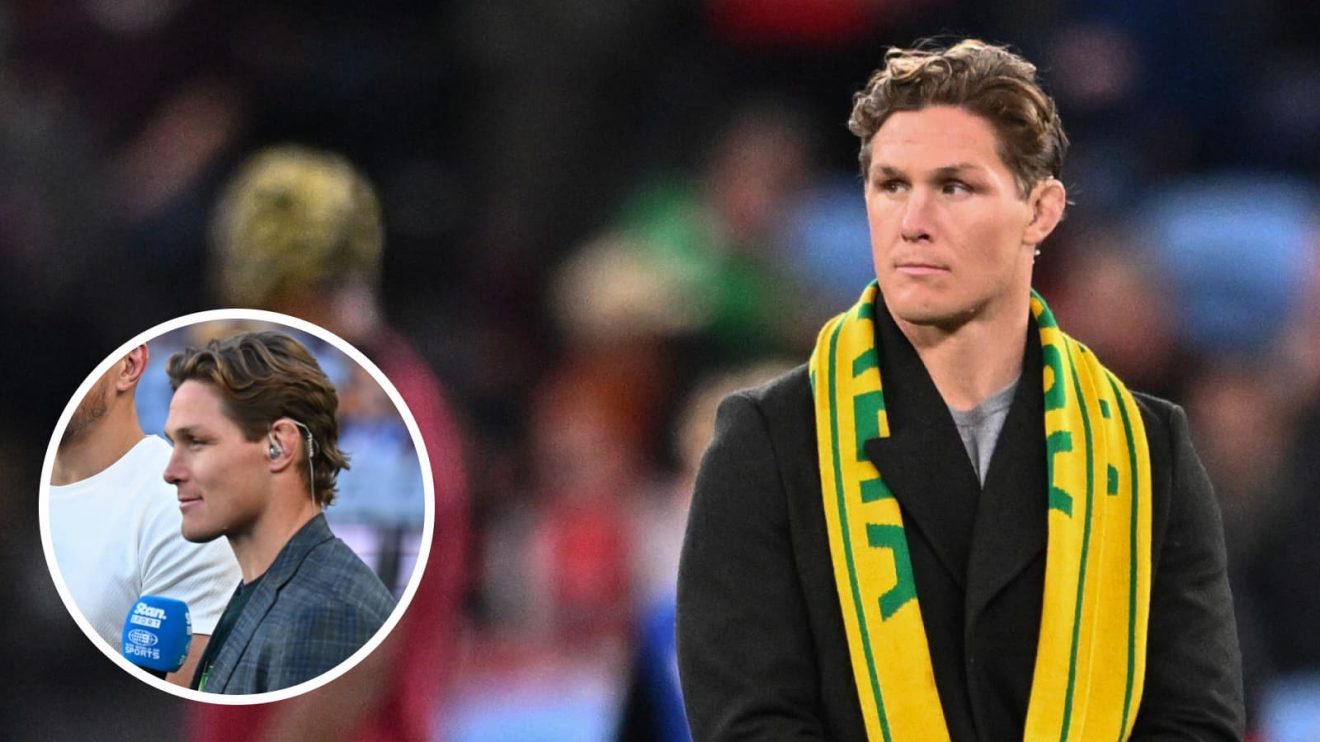 Wallabies legend Michael Hooper working as a pundit for Stan Sport in Australia.