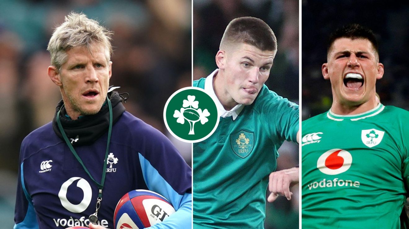 A three pannell image of Simon Easterby, Sam Prendergast and Dan Sheehan