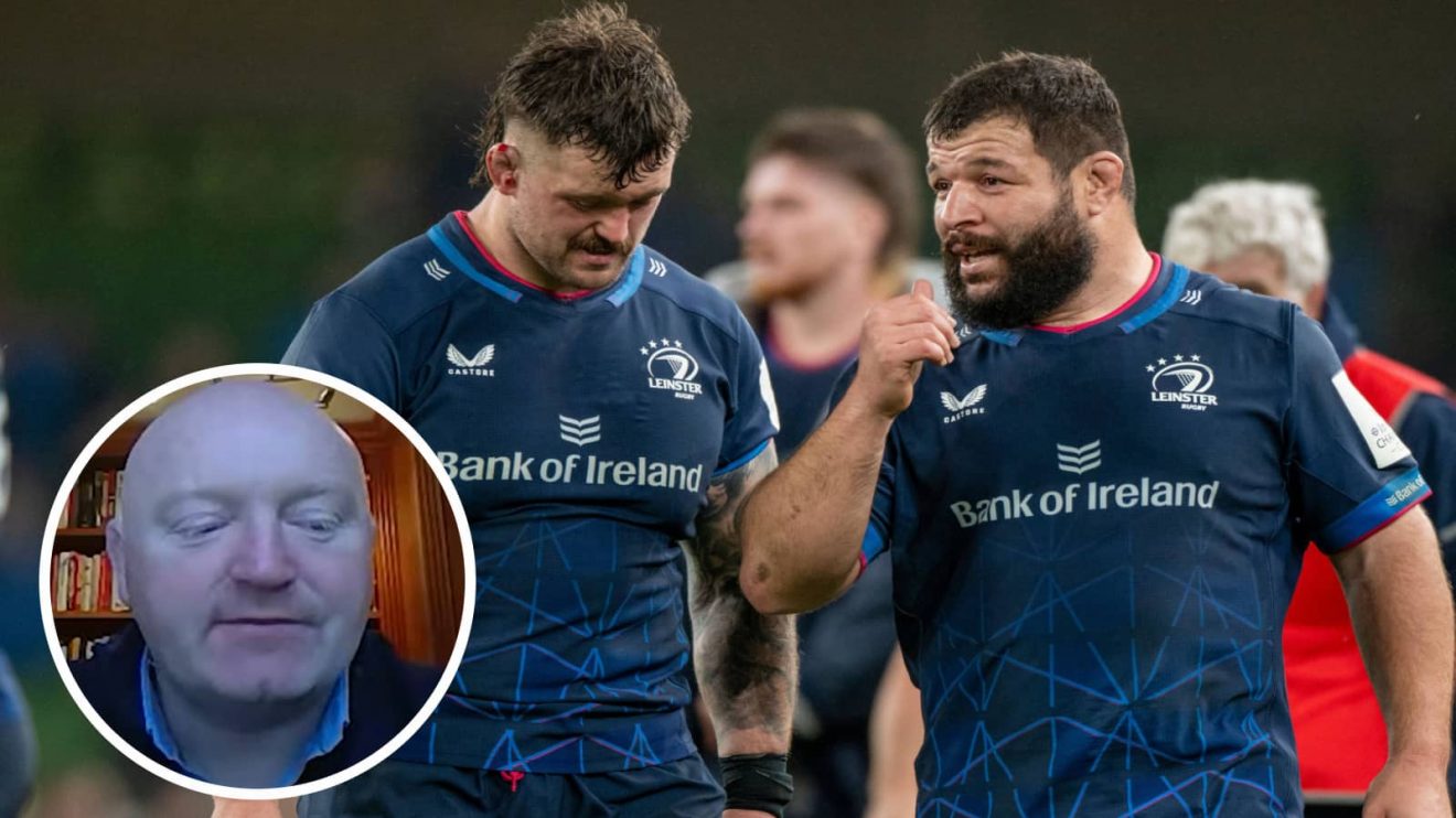 Rabah Slimani speaking with Andrew Porter at Leinster, and former Ireland hooker Bernard Jackman (inset).