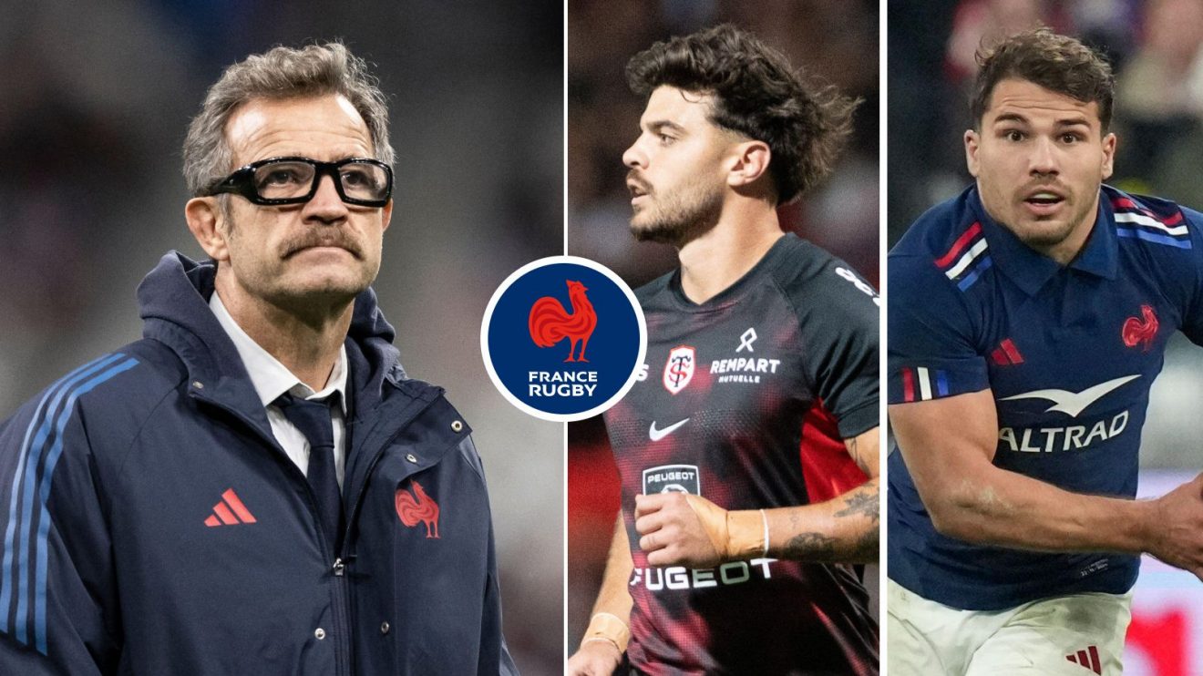 A three pannell image of Fabien Galthie, Romain Ntamack and Antoine Dupont