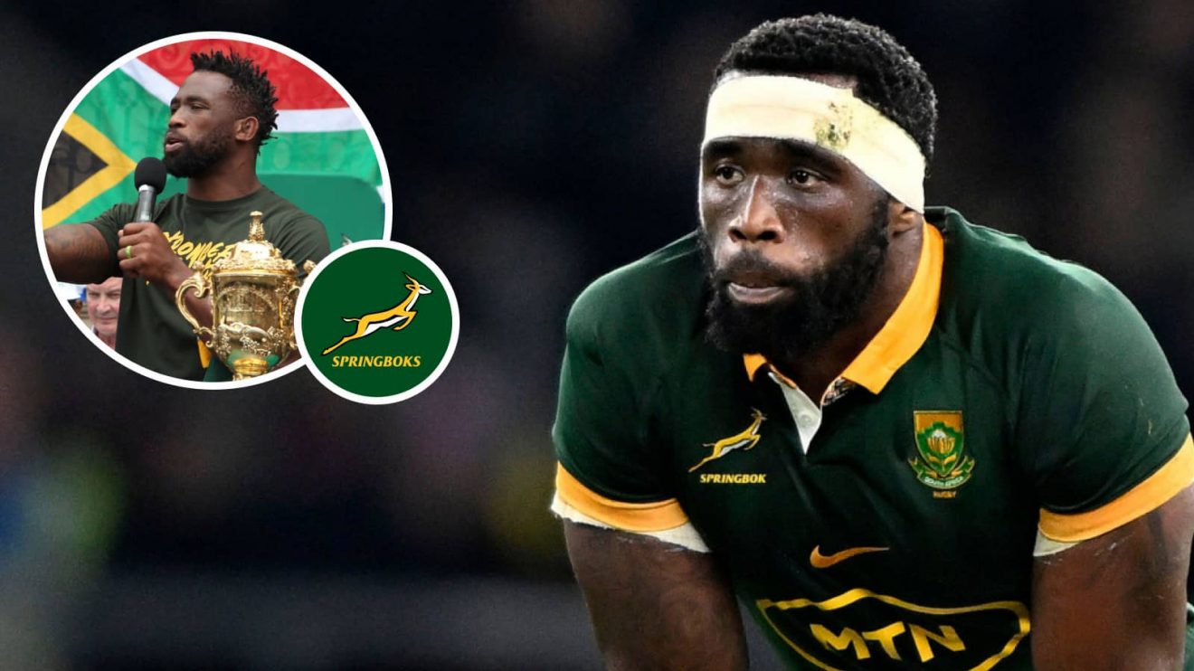 Springboks captain Siya Kolisi in November 2024 and the back-rower with the Rugby World Cup trophy (inset).