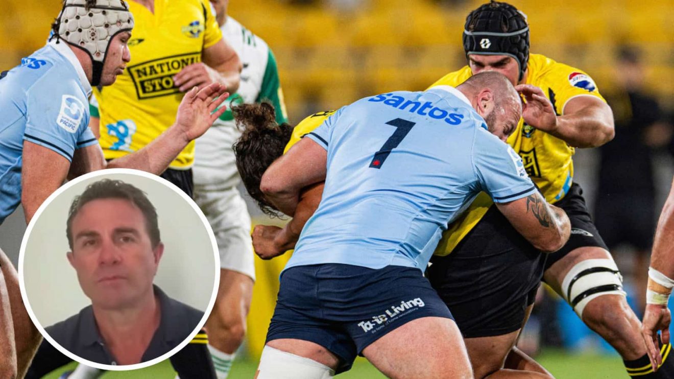 Hurricanes taking on the Waratahs in Super Rugby Pacific and former All Blacks scrum-half Justin Marshall (inset).