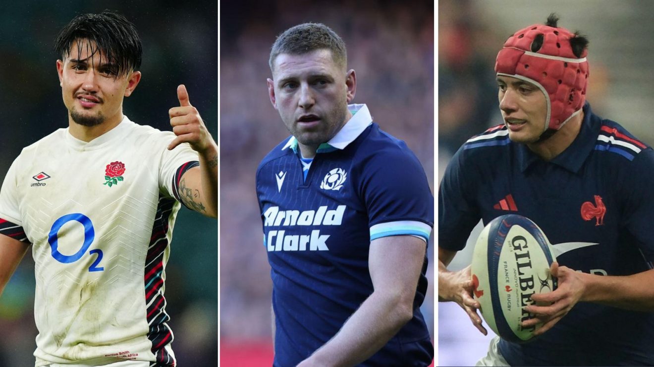 A three pannell image of Marcus Smith, Finn Russell and Louis Bielle-Biarrey