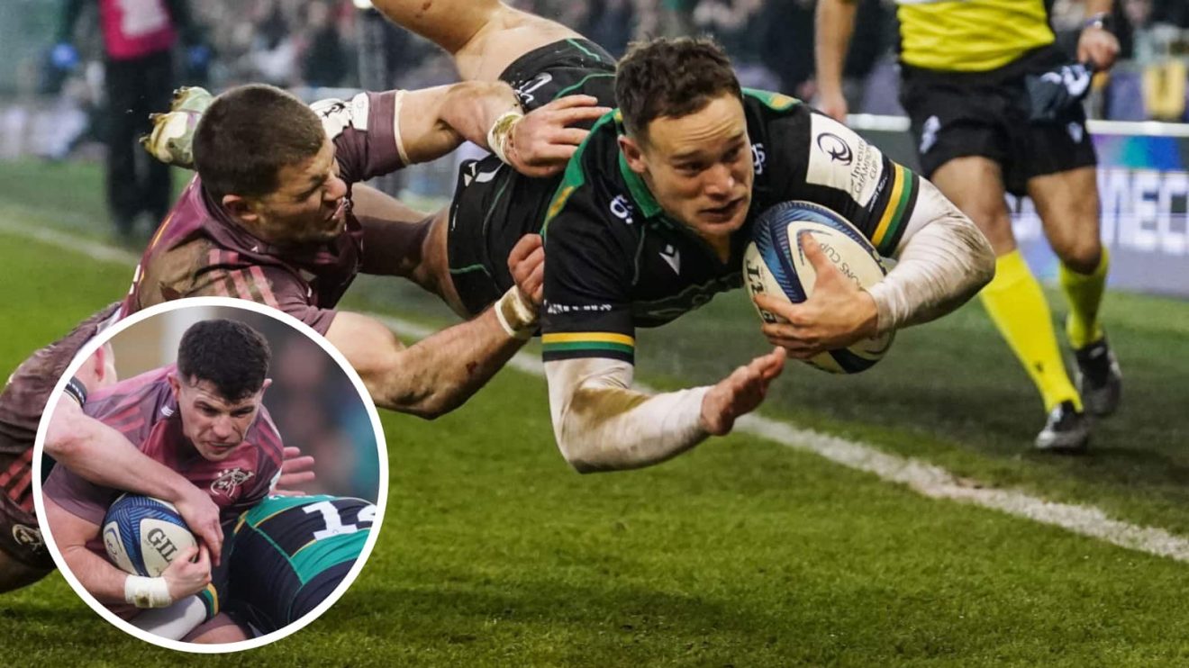 Tom Seabrook scoring for Northampton Saints and Calvin Nash in action for Munster (inset).