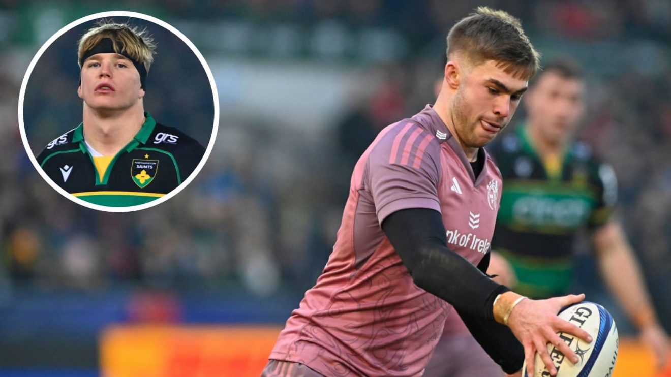Jack Crowley and Henry Pollock (inset) in action during the Northampton Saints v Munster clash.
