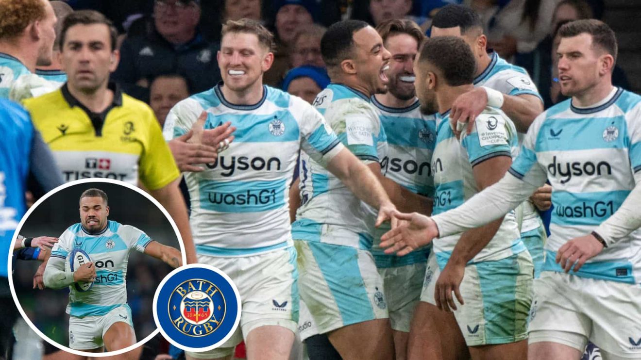 Bath celebrate v Leinster after fine try and Ollie Lawrence in action (inset).