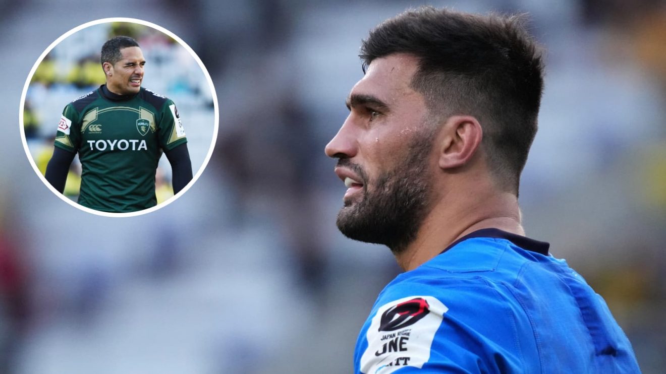 Springboks centre Damian de Allende and an insert of ex-All Blacks scrum-half Aaron Smith.