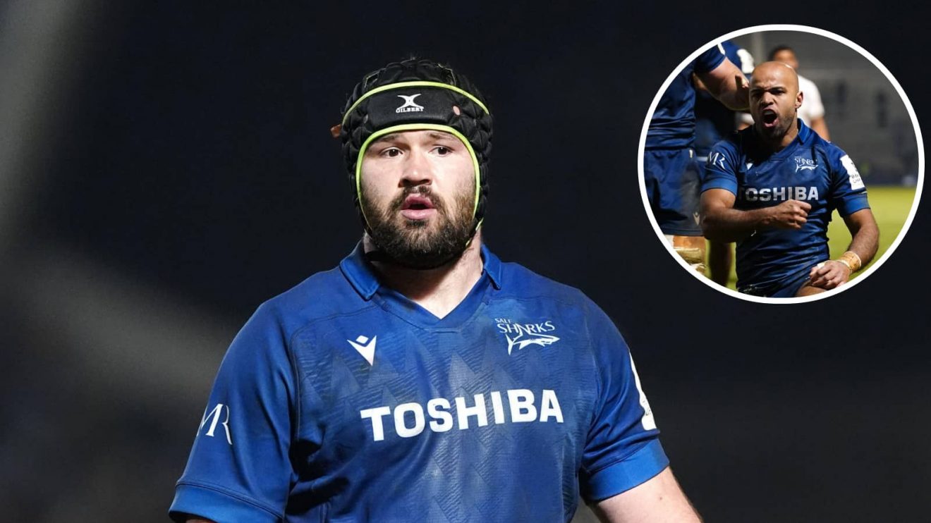 Sale Sharks prop Bevan Rodd and an insert of Tom O'Flaherty.