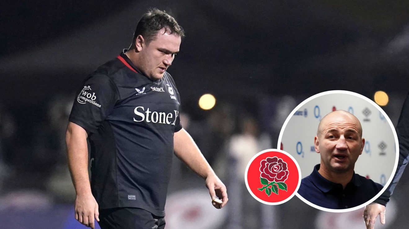 A two layered image of Jamie George with an indent of Steve Borthwick