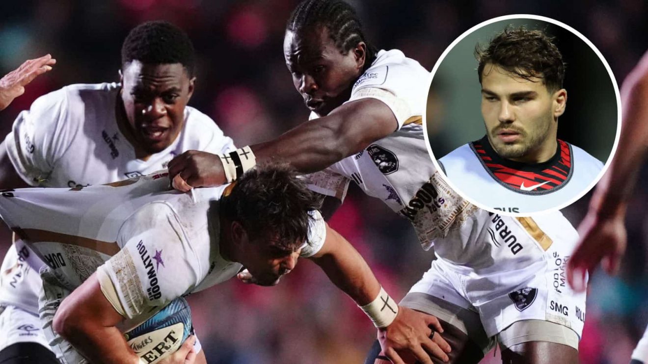 Sharks in action during the 2024/25 Champions Cup and France superstar Antoine Dupont (inset).