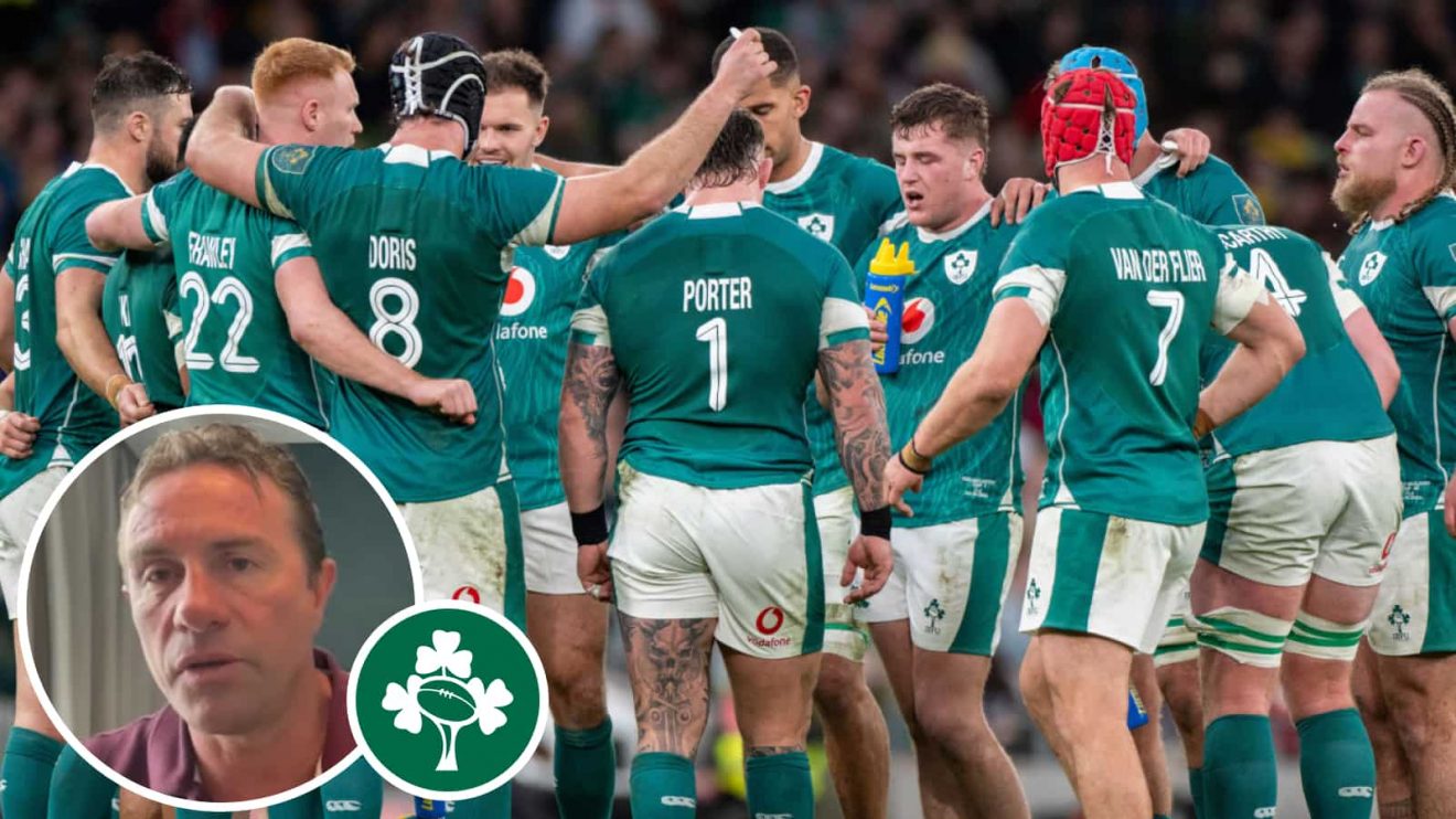 Ireland team in a huddle in 2024 Autumn Nation Series and ex-All Black Justin Marshall (inset).