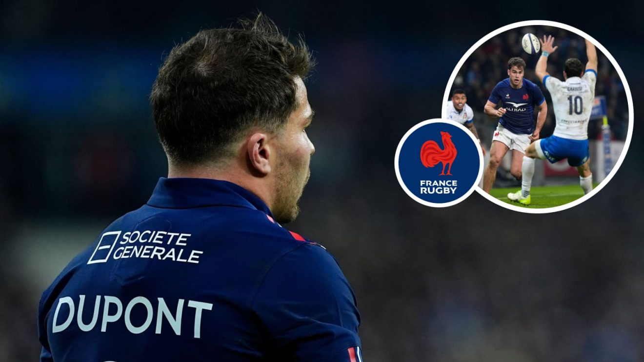France captain Antoine Dupont and an insert of Damian Penaud during the 2024 Six Nations.