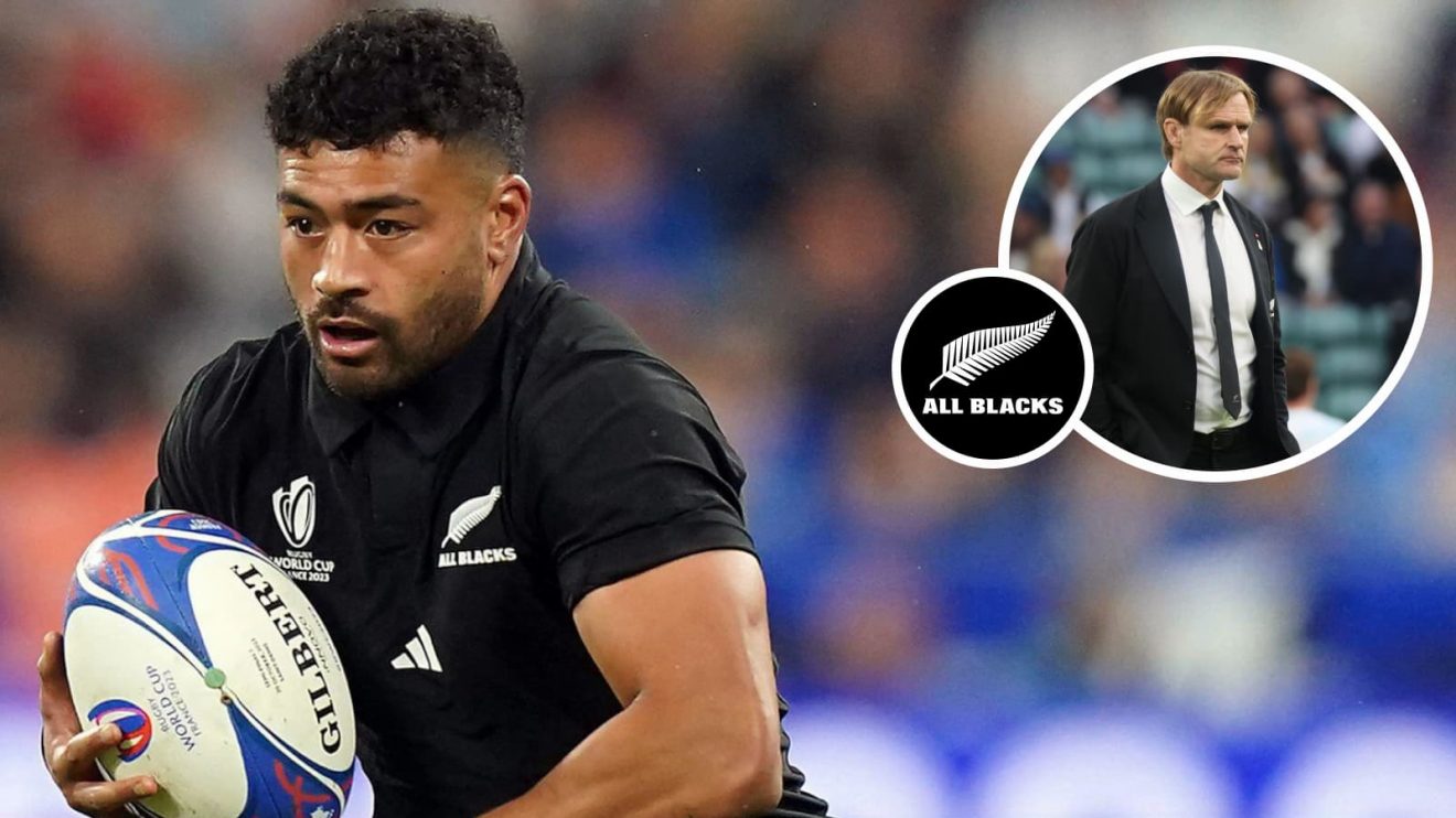 Fly-half Richie Mo'unga in action during the 2023 Rugby World Cup and All Blacks head coach Scott Robertson.