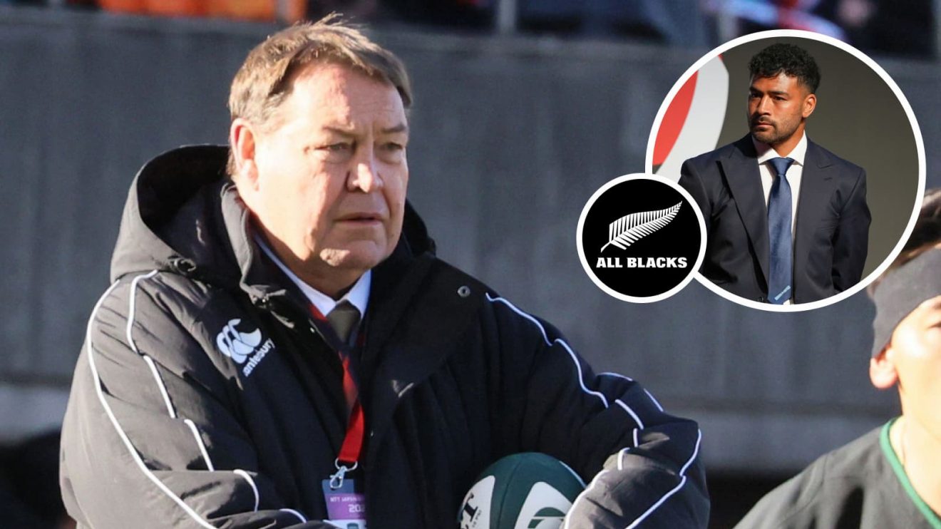 Former All Blacks head coach Sir Steve Hansen and Japan-based fly-half Richie Mo'unga (inset).