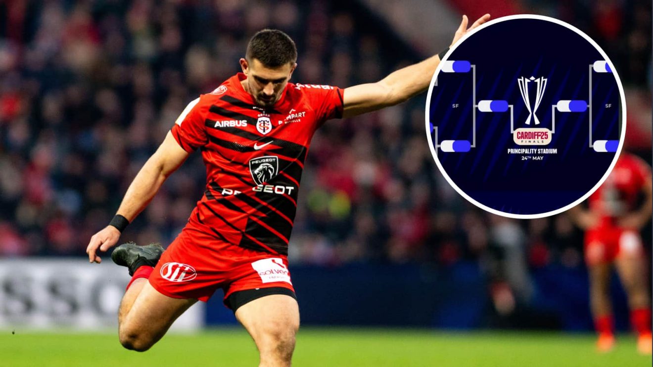 Toulouse full-back Thomas Ramos and an insert of the Champions Cup knockouts.
