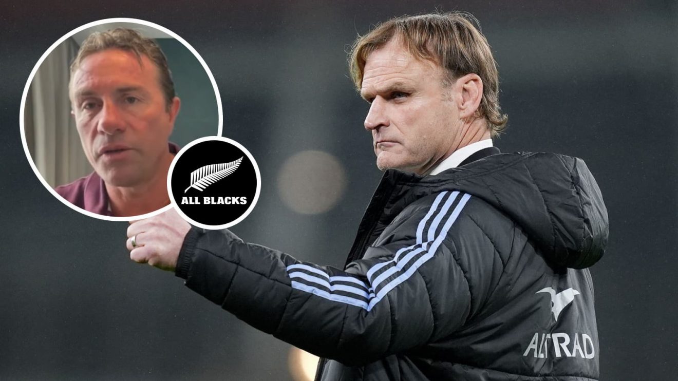 All Blacks head coach Scott Robertson in 2024 and former scrum-half Justin Marshall (inset).