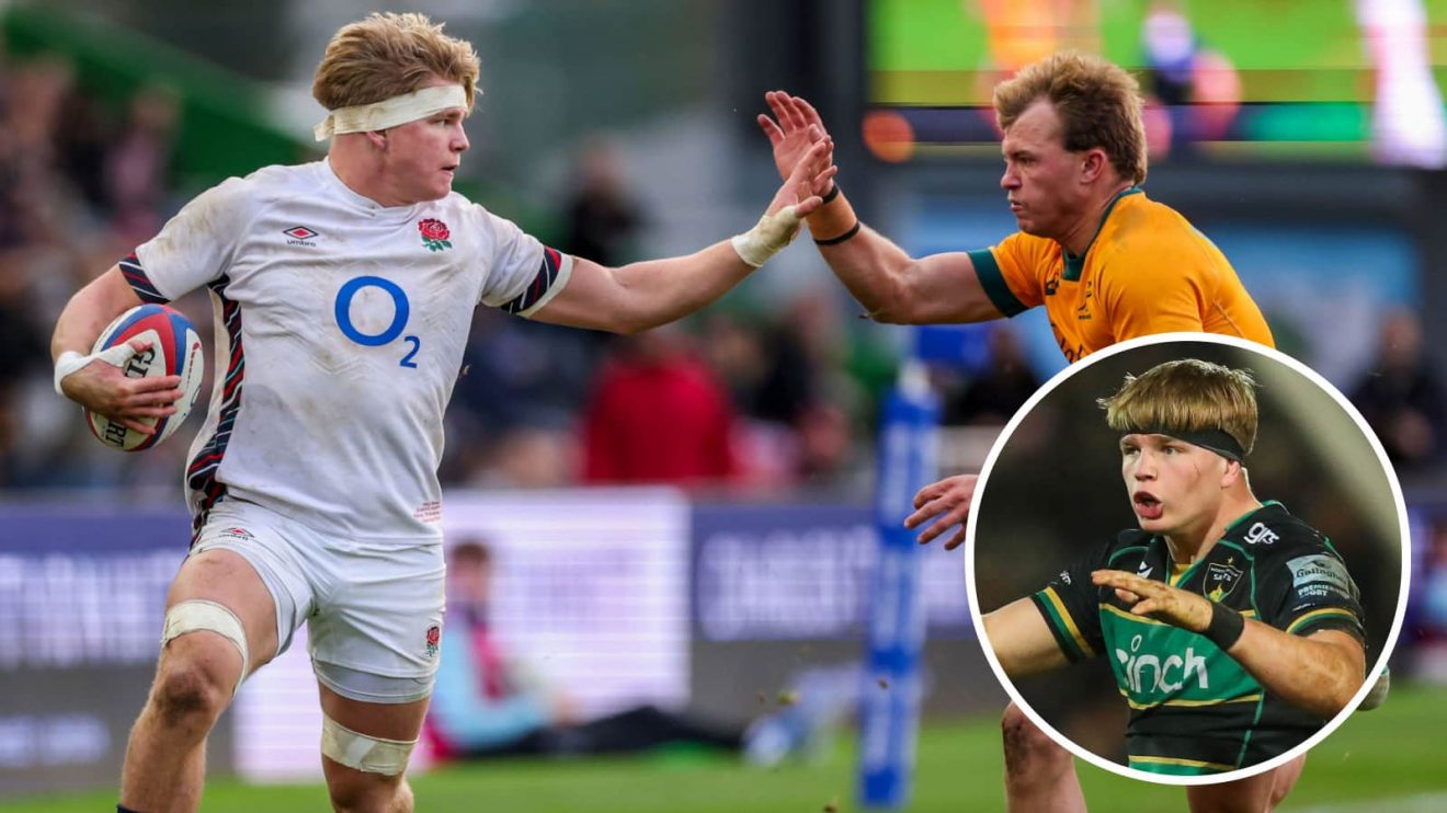 Henry Pollock in action for England A and also Northampton Saints (inset).