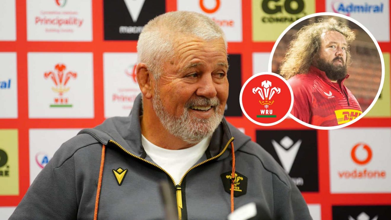 Wales head coach Warren Gatland and an insert of Adam Jones.