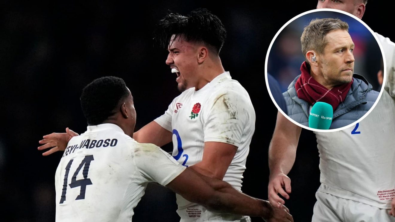 Marcus Smith celebrates England's Six Nations win over Ireland and an insert of ITV pundit and England legend Jonny Wilkinson.