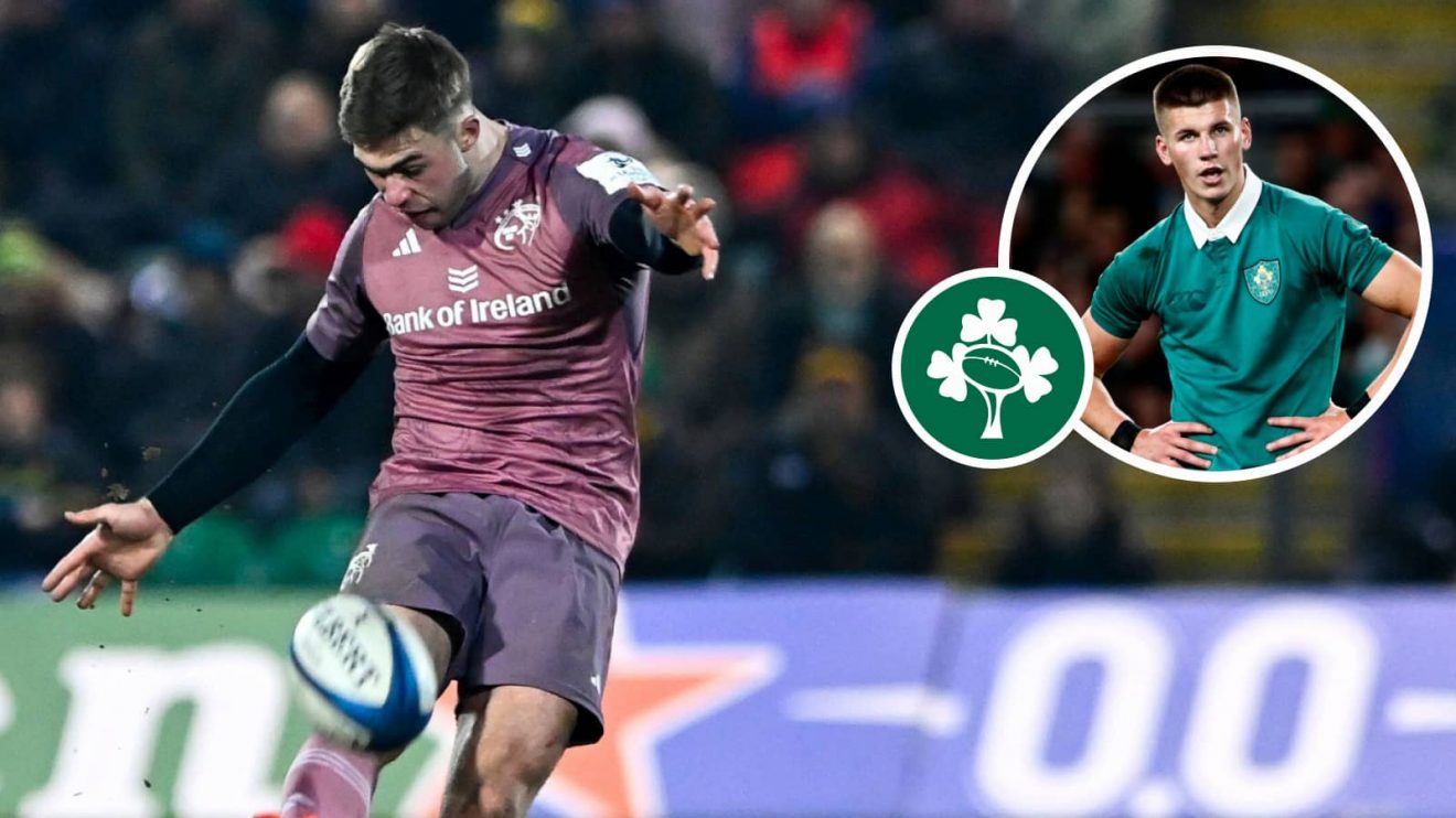 Jack Crowley in action for Munster and Ireland fly-half rival Sam Prendergast playing in the Autumn Nations Series (inset).