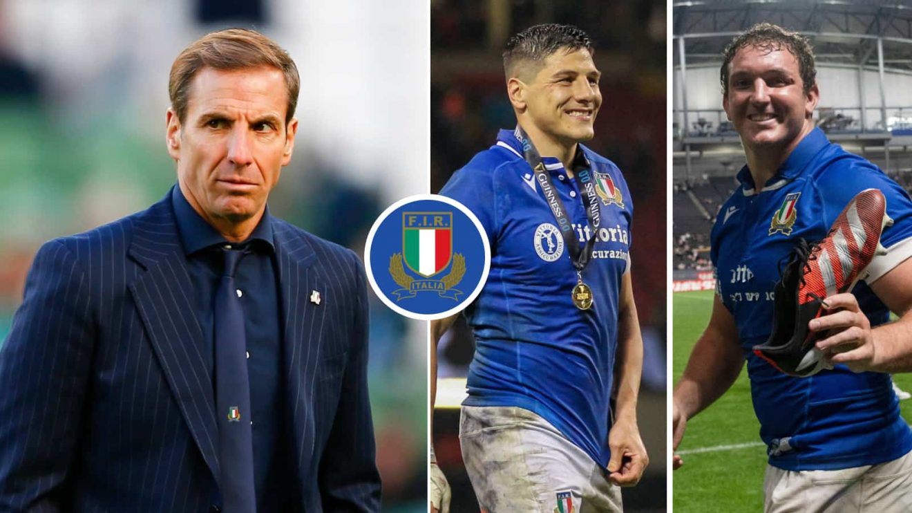 Split image of Italy head coach Gonzalo Quesada, centre Juan Brex and captain Michele Lamaro.