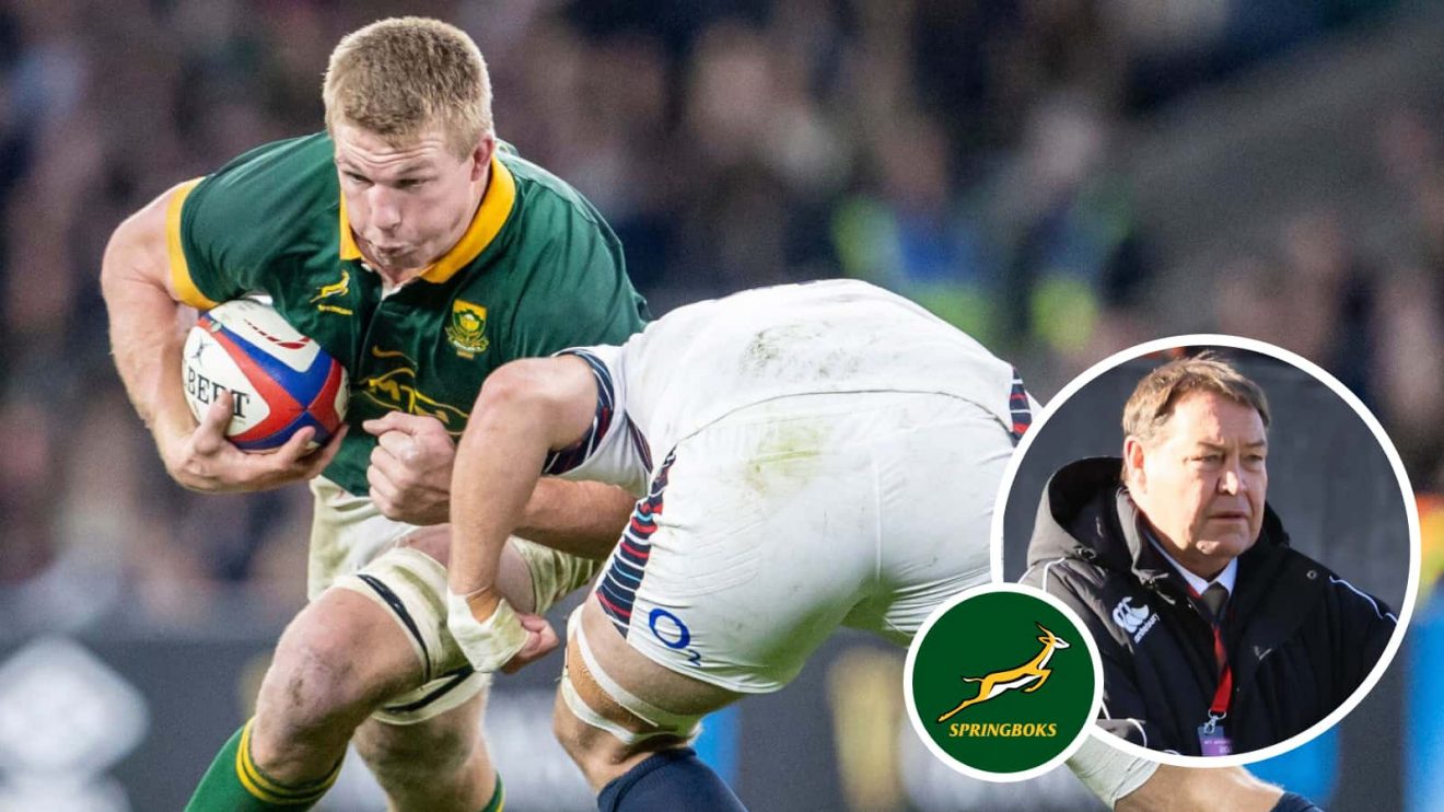 Pieter-Steph du Toit in action for the Springboks against England and All Blacks legend Sir Steve Hansen (inset).