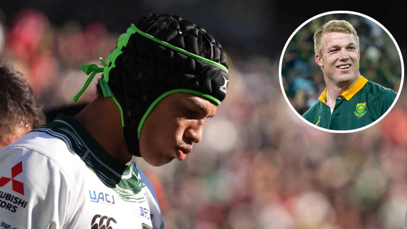 Springboks winger Kurt-Lee Arendse and an insert of Pieter-Steph du Toit.