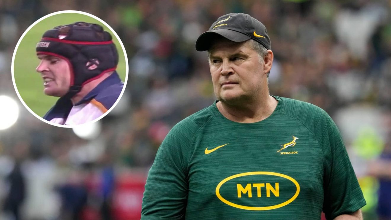 Springboks head coach Rassie Erasmus and an insert of him during his playing days with the Cats.