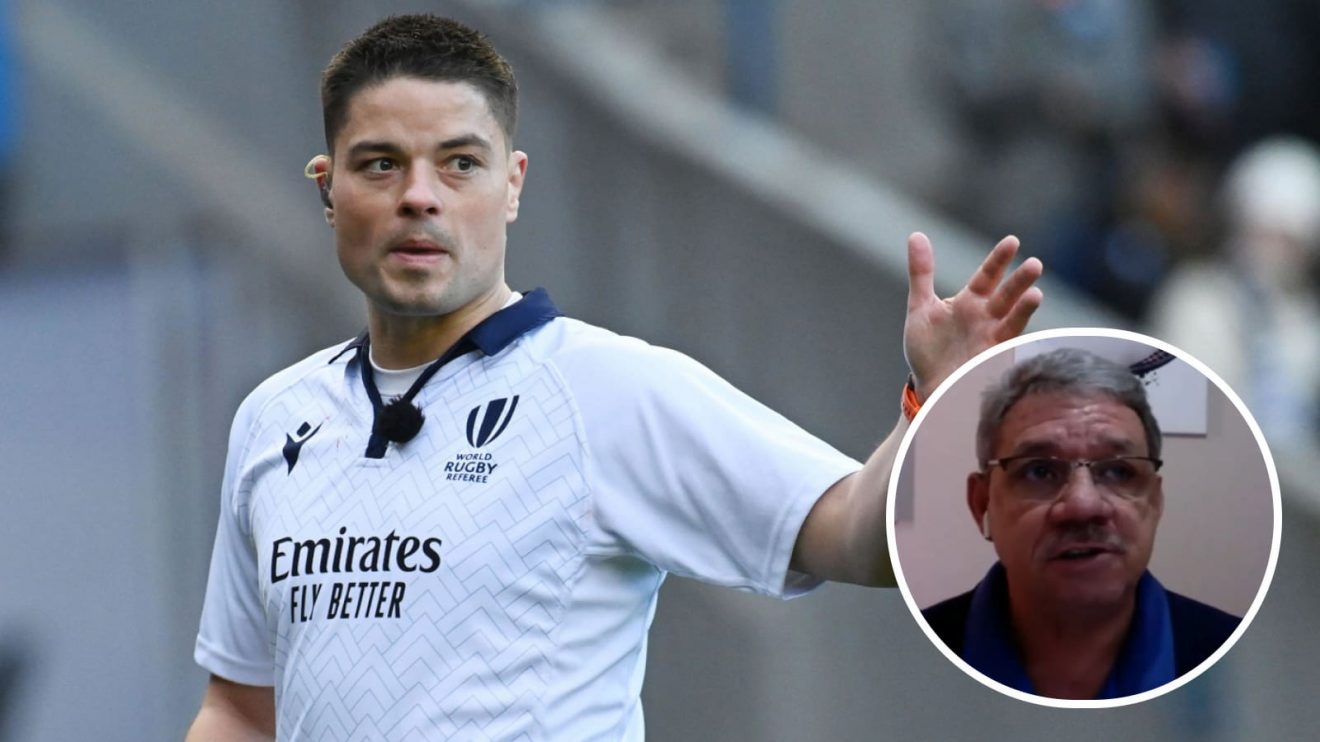 Irish referee Chris Busby and the URC's head of match officials Tappe Henning (inset).