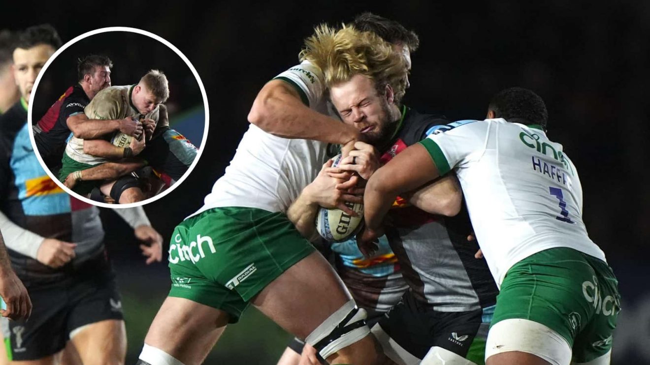 Harlequins star Tyrone Green is tackled by the Saints defence and an insert of Northampton's Tom Pearson.