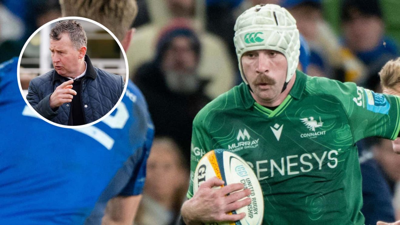 Ireland wing Mack Hansen in action for Connacht against Leinster and former Test referee Nigel Owens (inset).