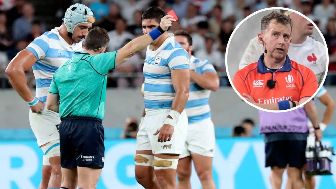 Nigel Owens sending off Tomas Lavanini in the 2019 Rugby World Cup and the former Test referee in 2020 (inset).